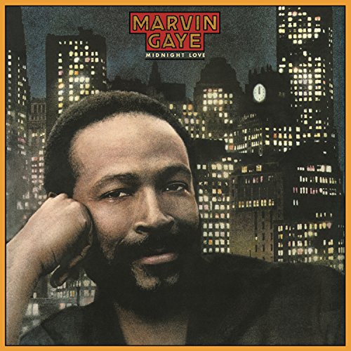 Marvin Gaye album cover, “Midnight Love,” featuring a portrait and city skyline.