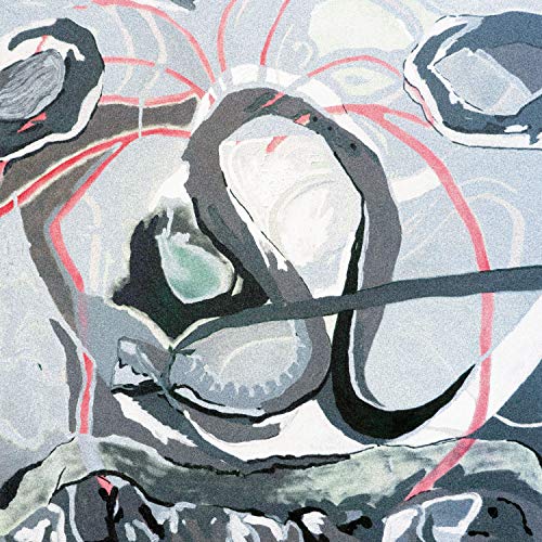 Abstract vinyl record cover art with swirling gray, black, and red lines.