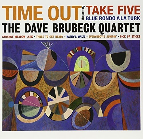 Dave Brubeck Quartet Time Out album cover with abstract geometric shapes on purple background.