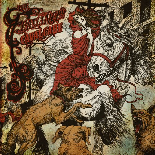 Vintage-style album cover with a woman riding a skeletal horse, dogs present.
