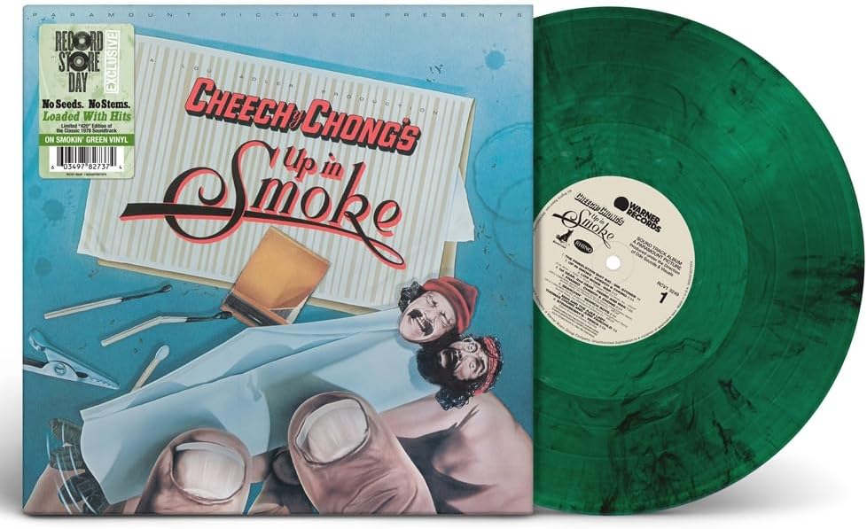 Green vinyl record for Cheech & Chong’s “Up In Smoke” with cover art.