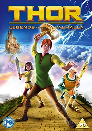 Animated Thor holding a hammer with two companions on a yellow brick road.