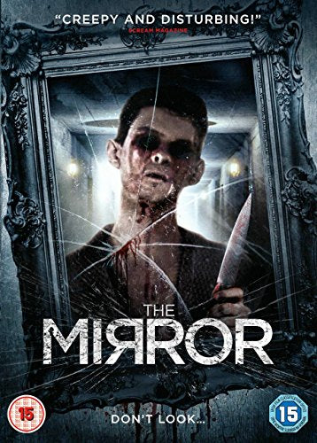 DVD cover art showing a man with black eyes holding a knife in a mirror.