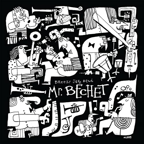 Black and white album cover with stylized jazz musicians and instruments.