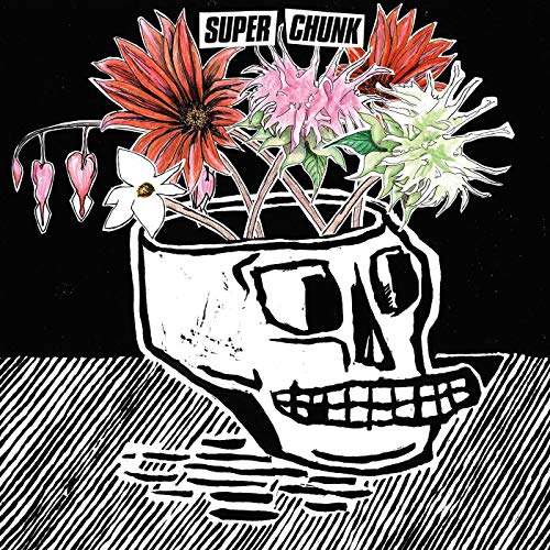 Album cover: skull vase with colorful flowers, black background.