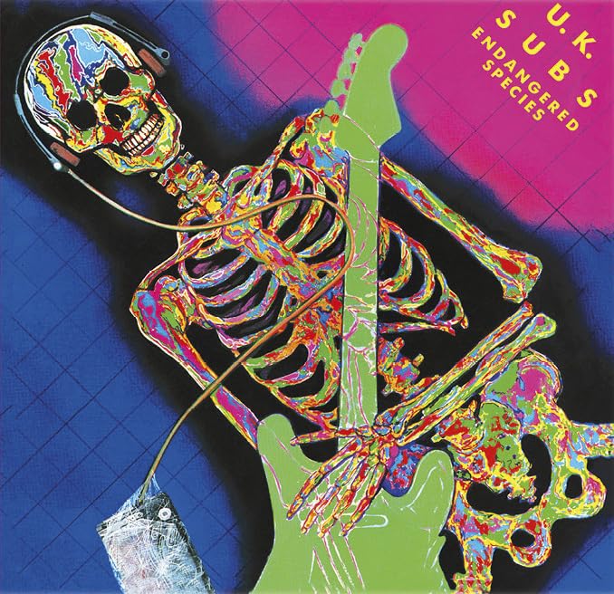 Album cover for U.K. Subs’ “Endangered Species” featuring a colorful skeleton with a guitar.