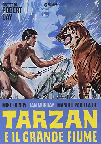 Tarzan film poster: man with knife faces a snarling tiger.