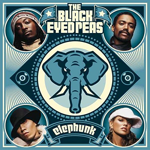 Album cover for The Black Eyed Peas’ “Elephunk” featuring band members and an elephant.