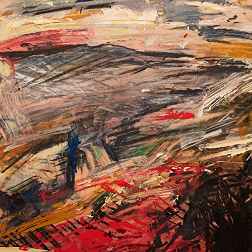Abstract painting with bold brushstrokes in red, gold, and gray tones.