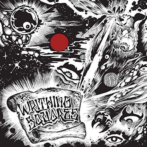 Black and white illustration of eyes, a red sun, and distorted shapes.