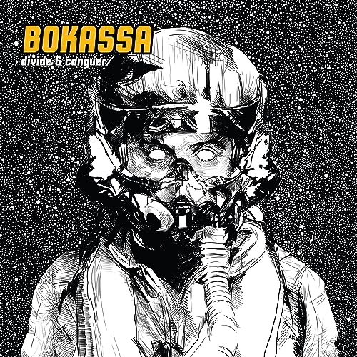 Black and white illustration of a person in a complex gas mask.