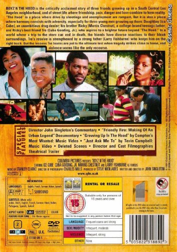 DVD back cover for "Boyz N The Hood" featuring cast photos and film details.