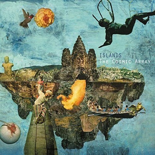 Surreal collage of floating islands, figures, and a bird in a blue sky.