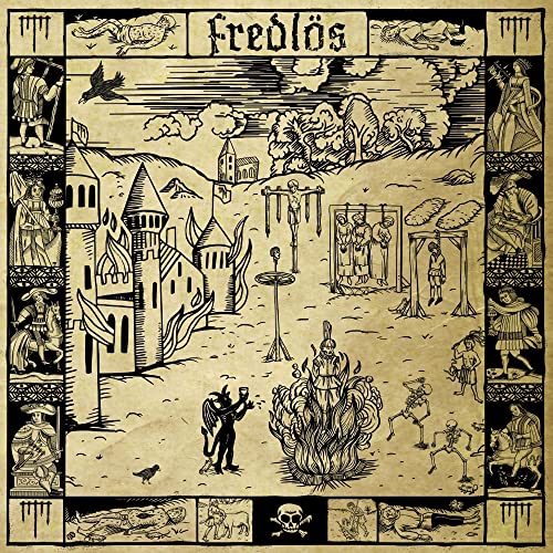Detailed black and white woodcut-style album cover with medieval imagery.
