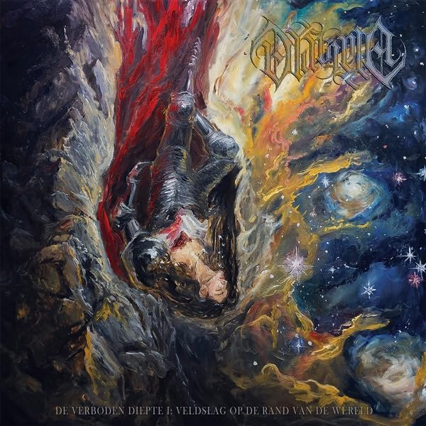 Painted album cover depicting a falling figure amidst cosmic and fiery chaos.