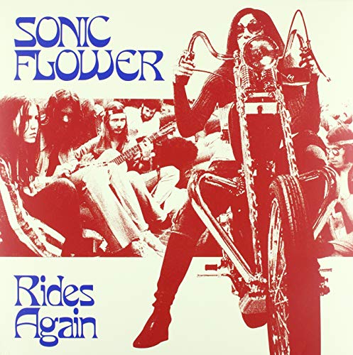 Red and white album cover featuring a motorcyclist and band members.