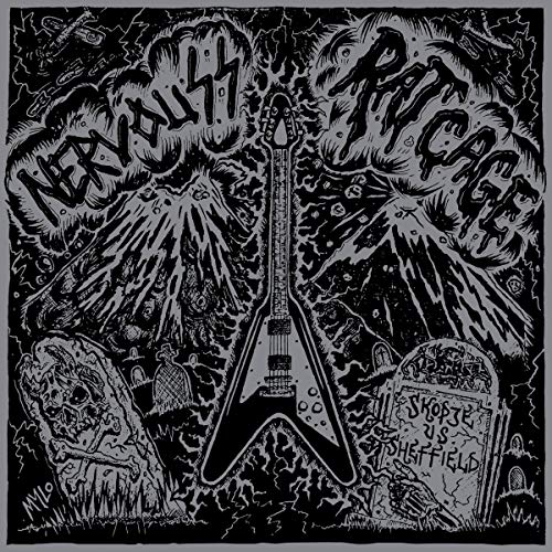 Black and white illustration of a guitar with skulls and tombstones.
