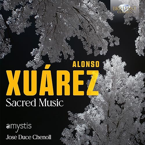 CD cover for "Xuárez: Sacred Music" with snowy branches and yellow text.