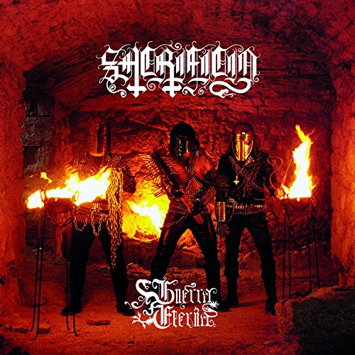 Metal band Sacrificio stands before flames in a dark, stone chamber.