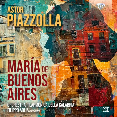 CD cover featuring a portrait of Astor Piazzolla over a city scene.