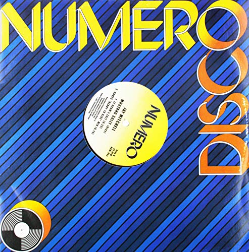 Vinyl record with yellow center label on a blue striped background with yellow text.