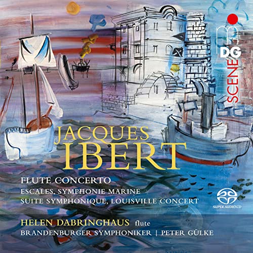 CD cover with painted boats, buildings, and composer Jacques Ibert’s name.