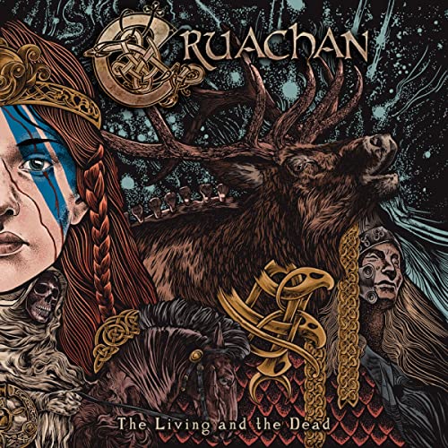 Album cover for Cruachan's "The Living and The Dead" featuring figures and a stag.