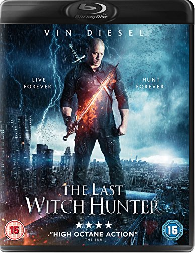 Blu-ray cover for "The Last Witch Hunter" featuring Vin Diesel with a sword.