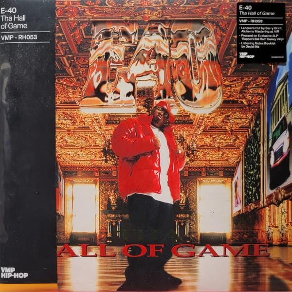 E-40 album cover, “Tha Hall of Game,” featuring rapper in red suit.