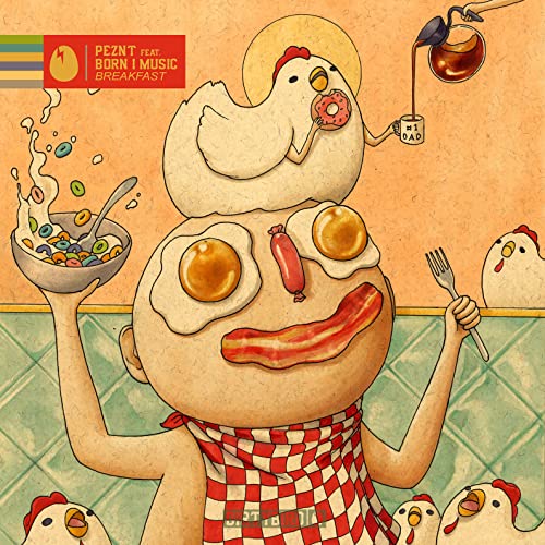 Cartoon egg character serving breakfast with chickens, vinyl record art.
