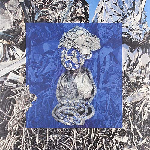 Collage of fragmented sculpture against textured blue and grayscale backgrounds.