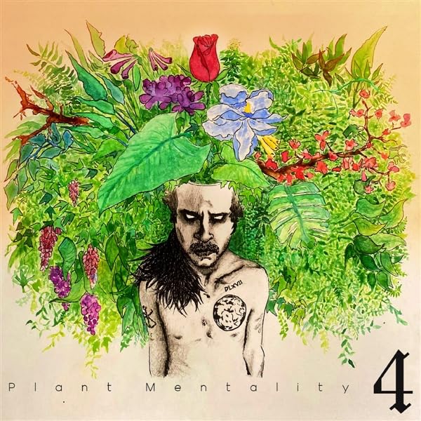 Watercolor painting of a man with flowers and foliage surrounding his head.
