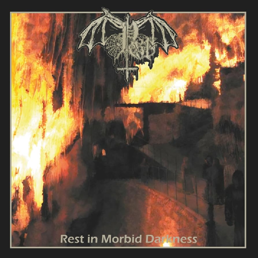 CD cover for Pest’s “Rest In Morbid Darkness” with fiery, distorted imagery.