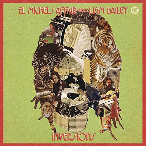 Album cover: collage of animals, people, and musical equipment on green.