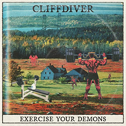 Red muscular figure lifting weights in a landscape with houses.