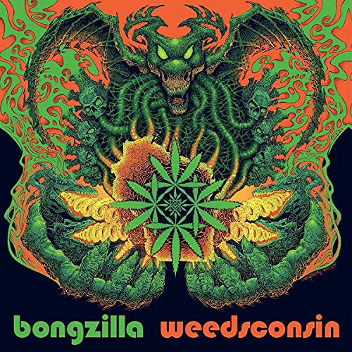 Green monster with cannabis leaf emblem, album cover for Bongzilla’s “Weedsconsin.”