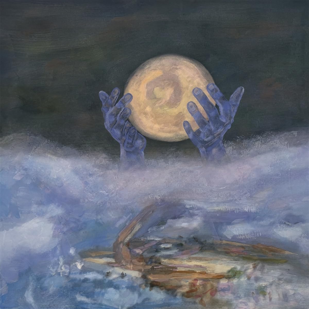 Painted image of hands cradling a bright moon above clouds.