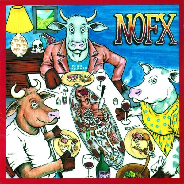 NOFX album cover: anthropomorphic cows at a chaotic dinner table.