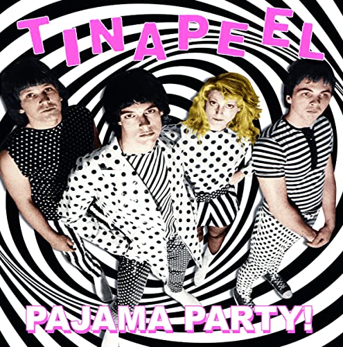 Four people in patterned pajamas pose against a swirling black and white background.