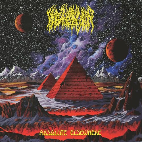 Album cover: pyramid, planets, mountains, and stylized yellow band name text.