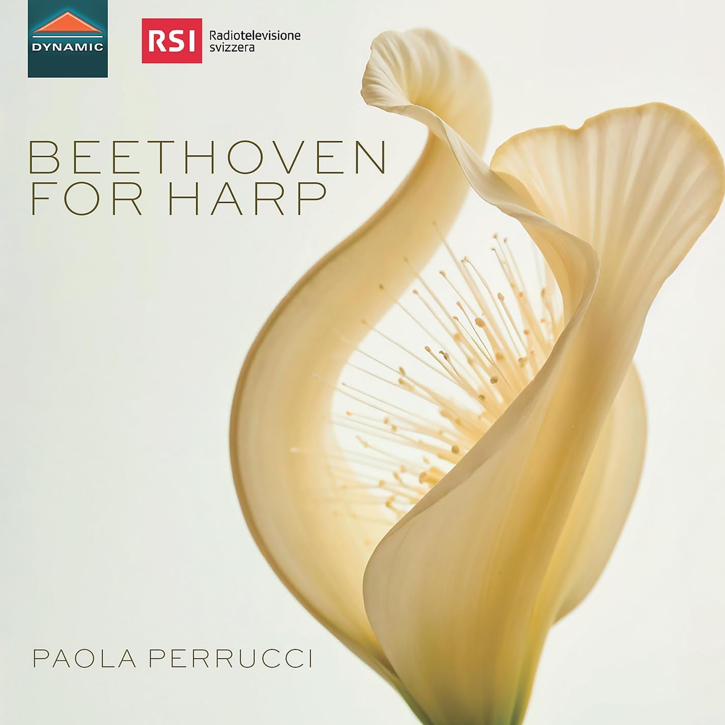 CD cover for Paola Perrucci’s “Beethoven For Harp” featuring a golden harp.