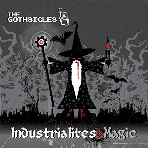 CD cover: pixelated wizard with gears, bats, and a spooky landscape.