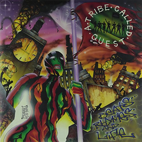 Album cover featuring a masked figure holding a flag in a stylized urban landscape.