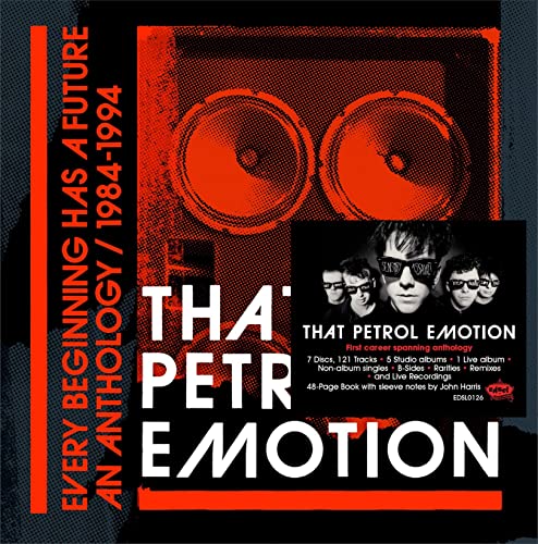 CD cover for “That Petrol Emotion” anthology, featuring band photo and speakers.