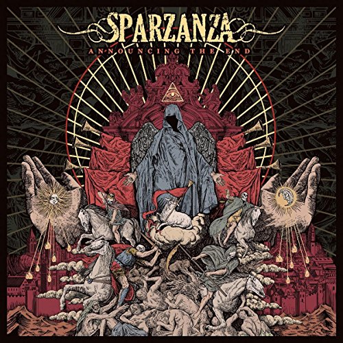 Sparzanza album cover: detailed illustration of a hooded figure and chaotic scene.