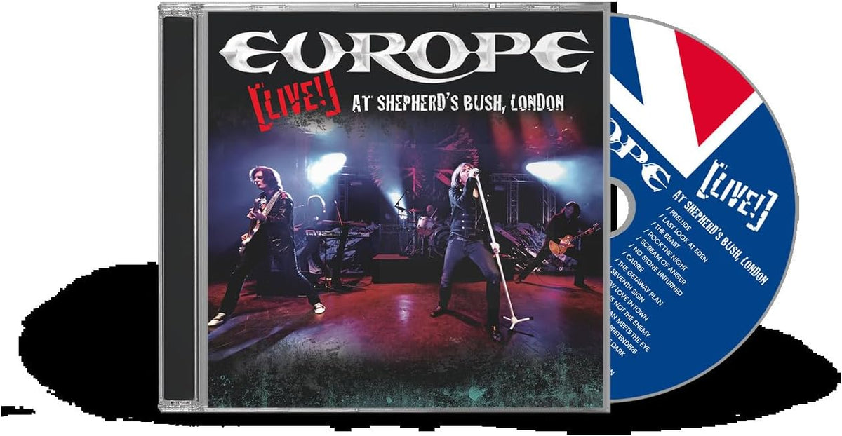 CD case for Europe’s “Live! At Shepherd’s Bush, London” album, band image.