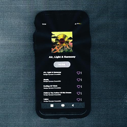 Phone displaying vinyl album art for "Air, Light & Harmony" by Badge Epoque Ensemble.