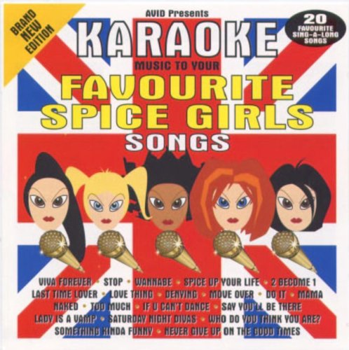 Spice Girls karaoke CD cover with cartoon portraits and Union Jack background.