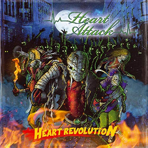 CD cover: zombies with a band member, flames, and a full moon.