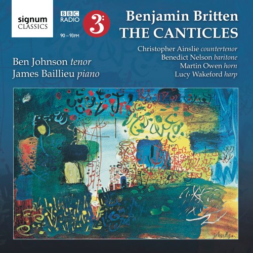 CD cover for Britten’s “The Canticles” with abstract painted landscape.